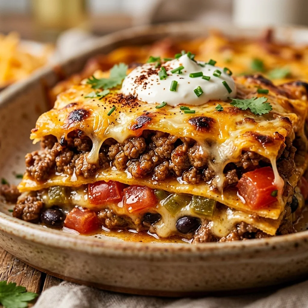 Taco Casserole served in a colorful dish with toppings, ready to enjoy.