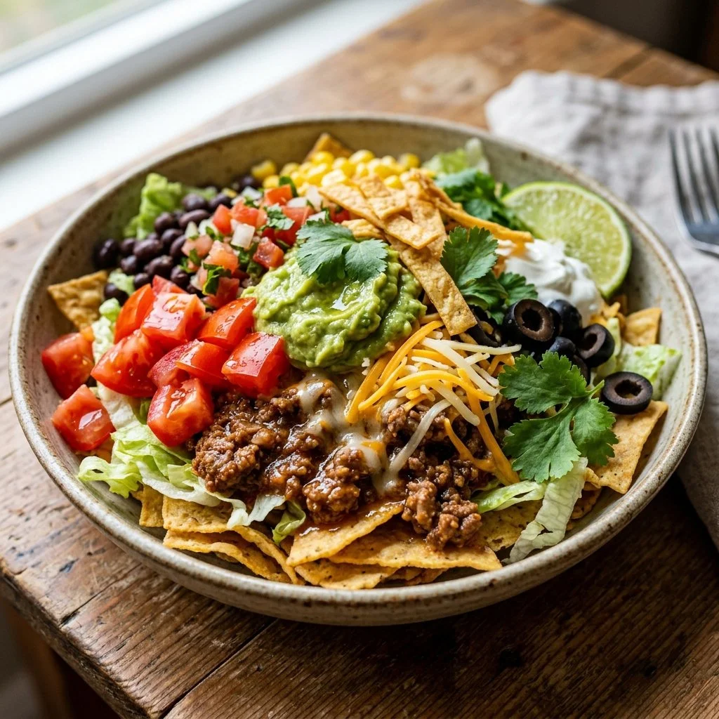 Fresh and colorful Taco Salad topped with avocado and tortilla chips