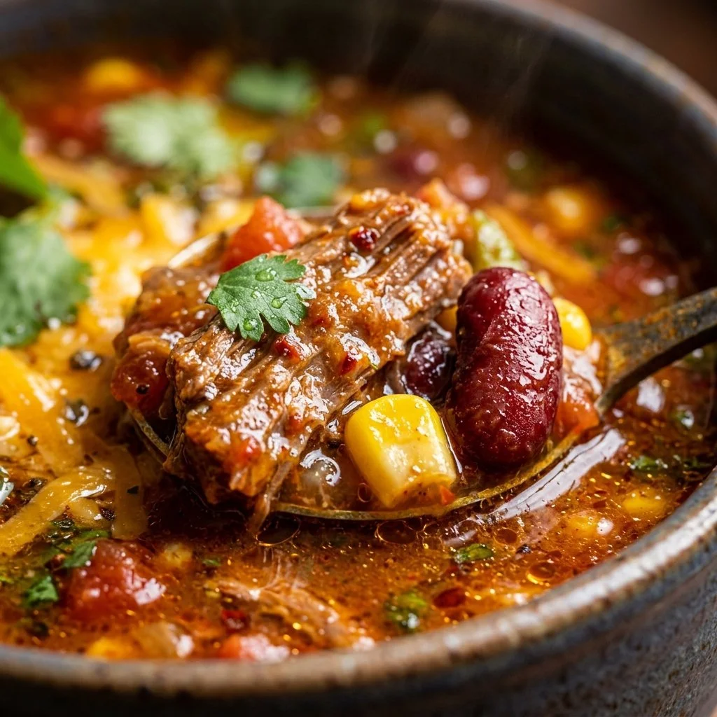 Bowl of delicious homemade Taco Soup topped with fresh ingredients