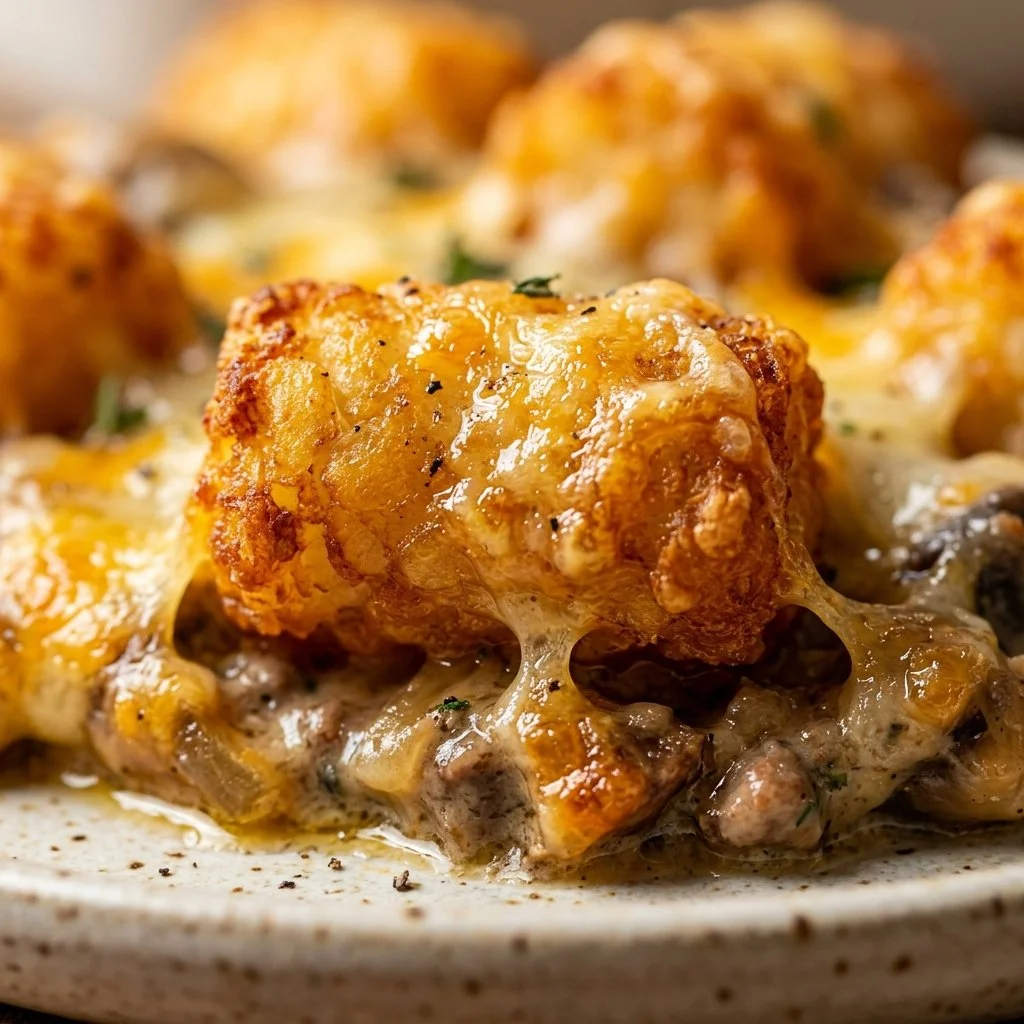 Delicious Tater Tot Casserole topped with golden tater tots and cheese