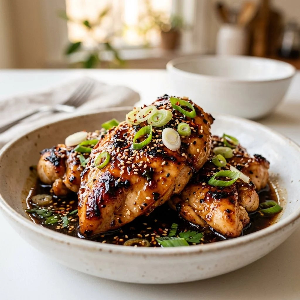 Delicious teriyaki chicken garnished with sesame seeds and green onions
