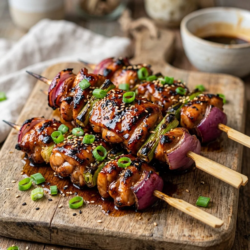 Grilled teriyaki chicken skewers with colorful vegetables on a plate