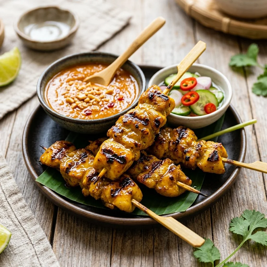 Delicious Thai Chicken Satay skewers served with peanut sauce