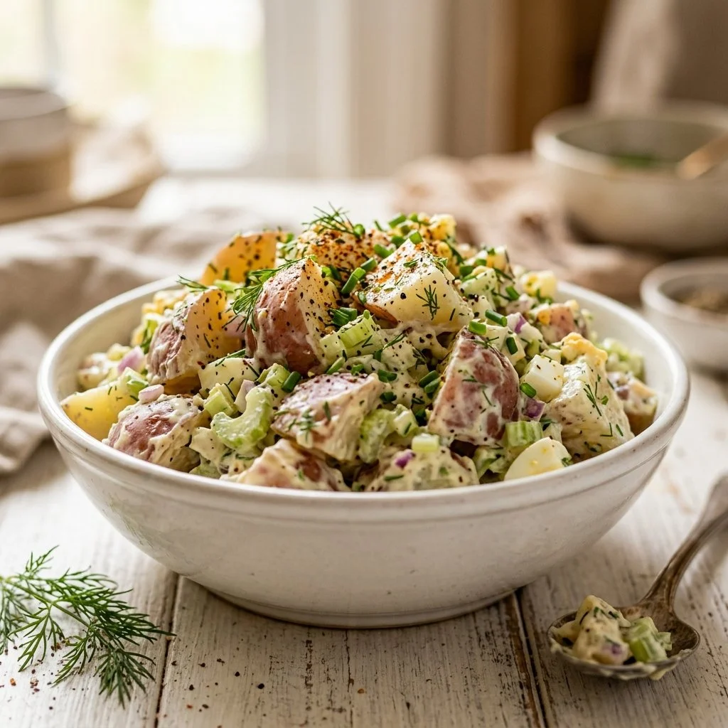 Delicious and creamy timeless potato salad served in a bowl