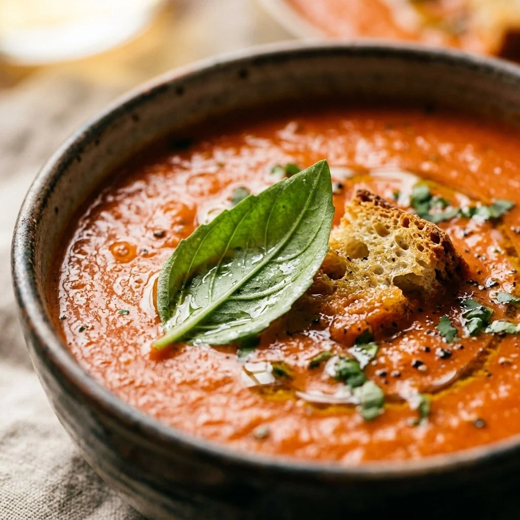 Bowl of homemade Tomato Basil Soup garnished with fresh basil leaves