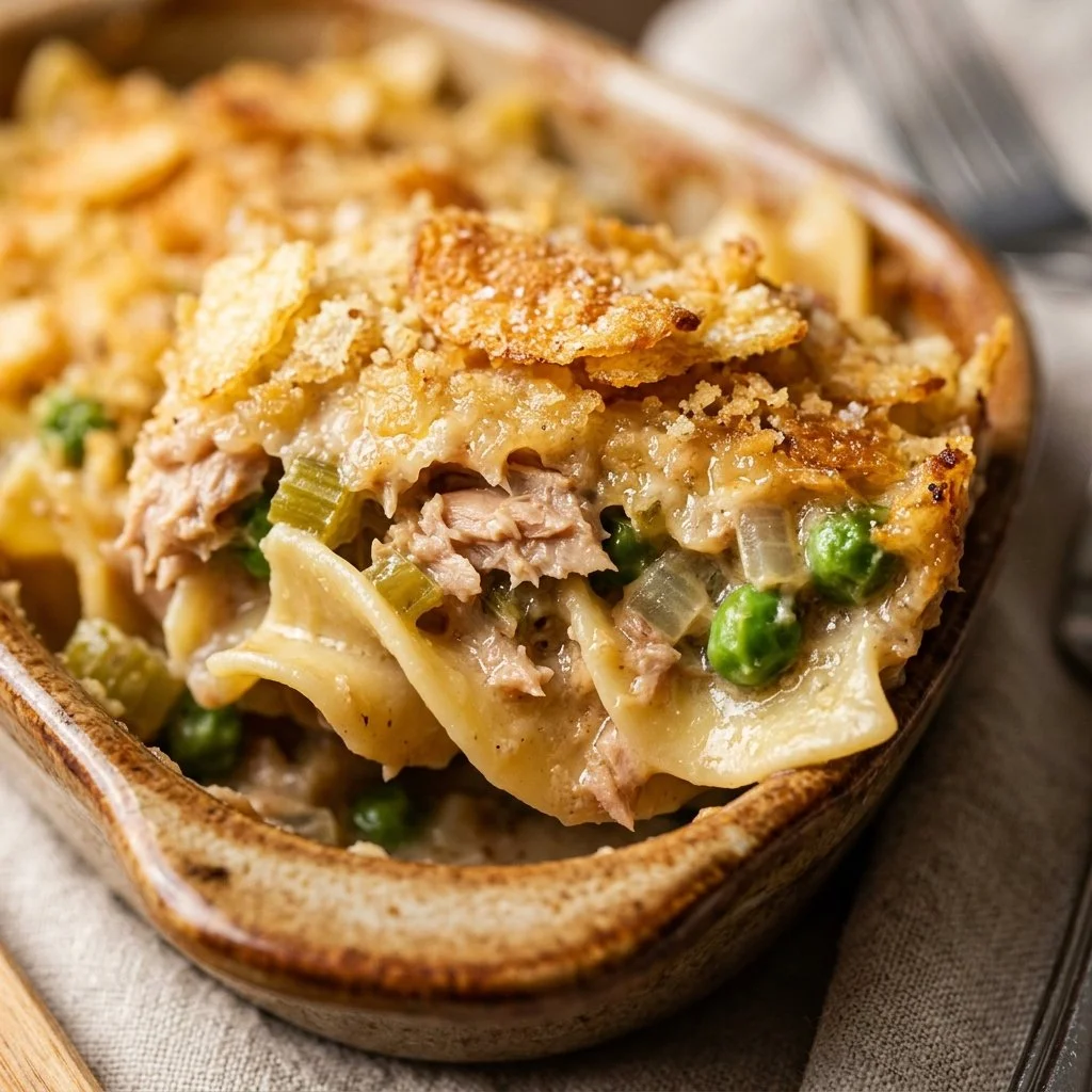Baked tuna noodle casserole topped with breadcrumbs and cheese