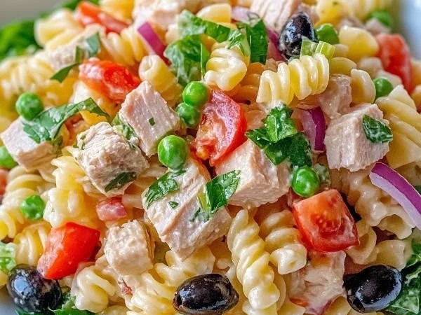 Delicious homemade Tuna Pasta Salad with fresh ingredients