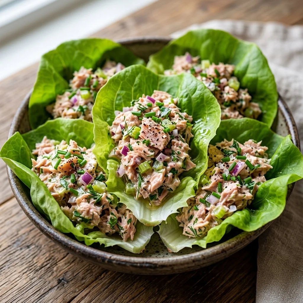 Tuna salad lettuce wraps with fresh ingredients on a plate