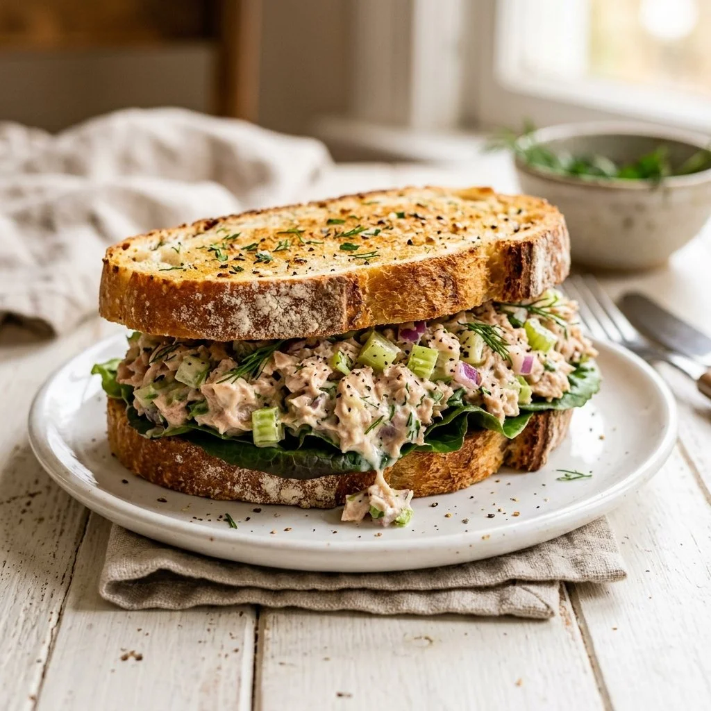 Tuna salad sandwich with lettuce and tomatoes on whole grain bread