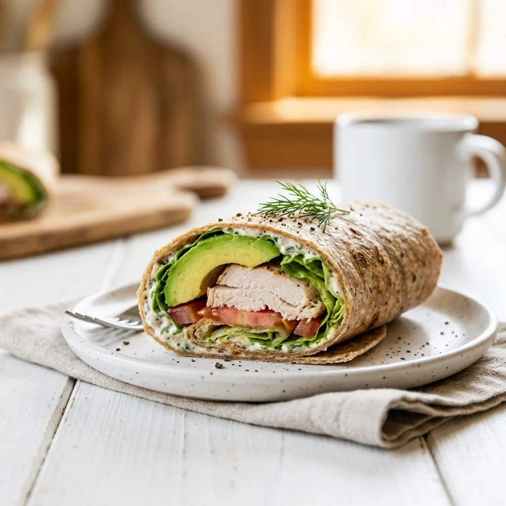 Turkey Avocado Wrap with fresh ingredients on a plate