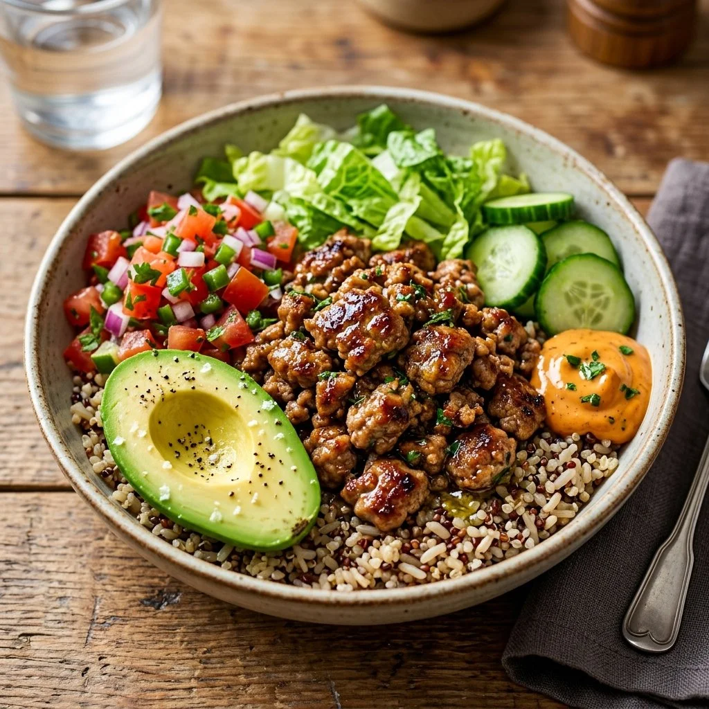 Delicious turkey burger bowls with fresh vegetables and toppings