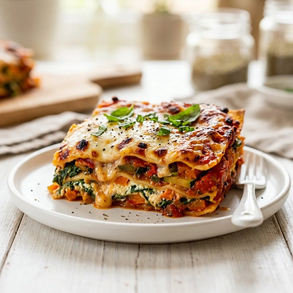 Delicious Vegetable Lasagna with layers of fresh vegetables and savory cheese
