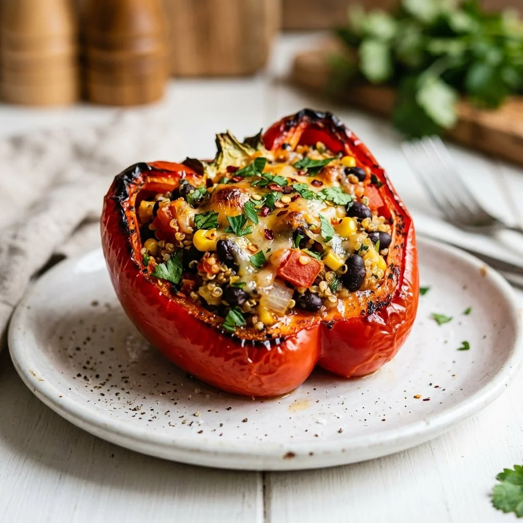 Vegetarian stuffed bell peppers filled with rice, beans, and vegetables
