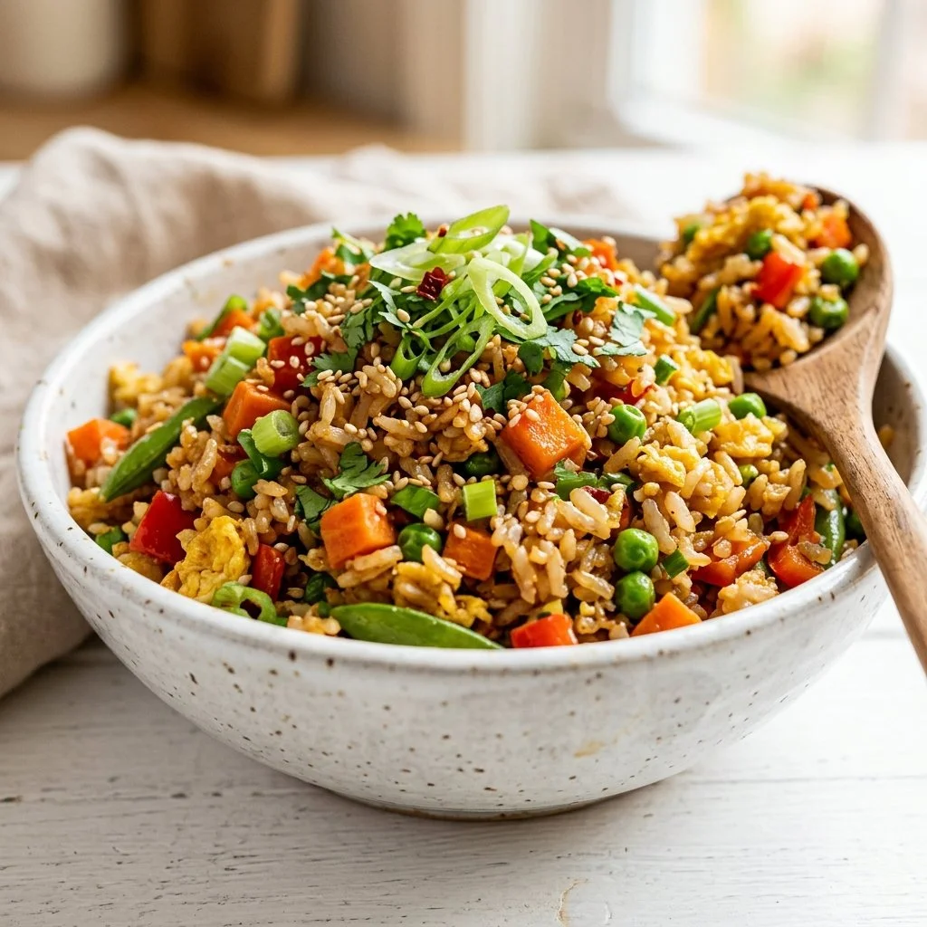 Bowl of veggie fried rice with vibrant vegetables and garnishes