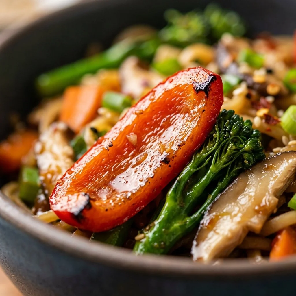 Colorful veggie stir fry with fresh vegetables in a skillet