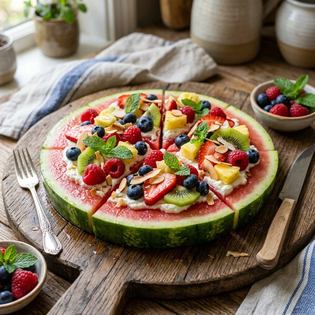 Delicious watermelon pizza topped with fruits and mint for a refreshing summer snack