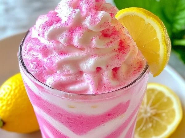 Delicious whipped pink lemonade in a glass with a slice of lemon