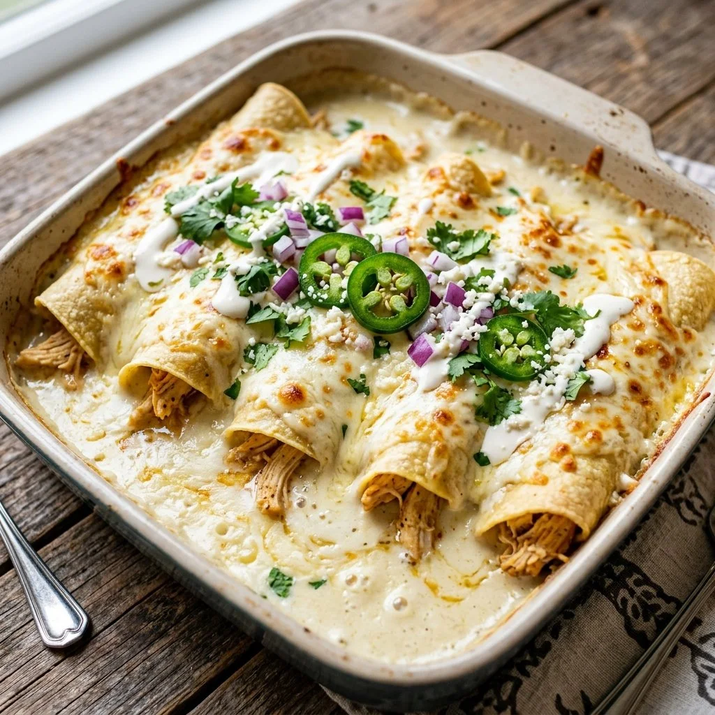 Plate of creamy white chicken enchiladas topped with melted cheese and fresh ingredients.