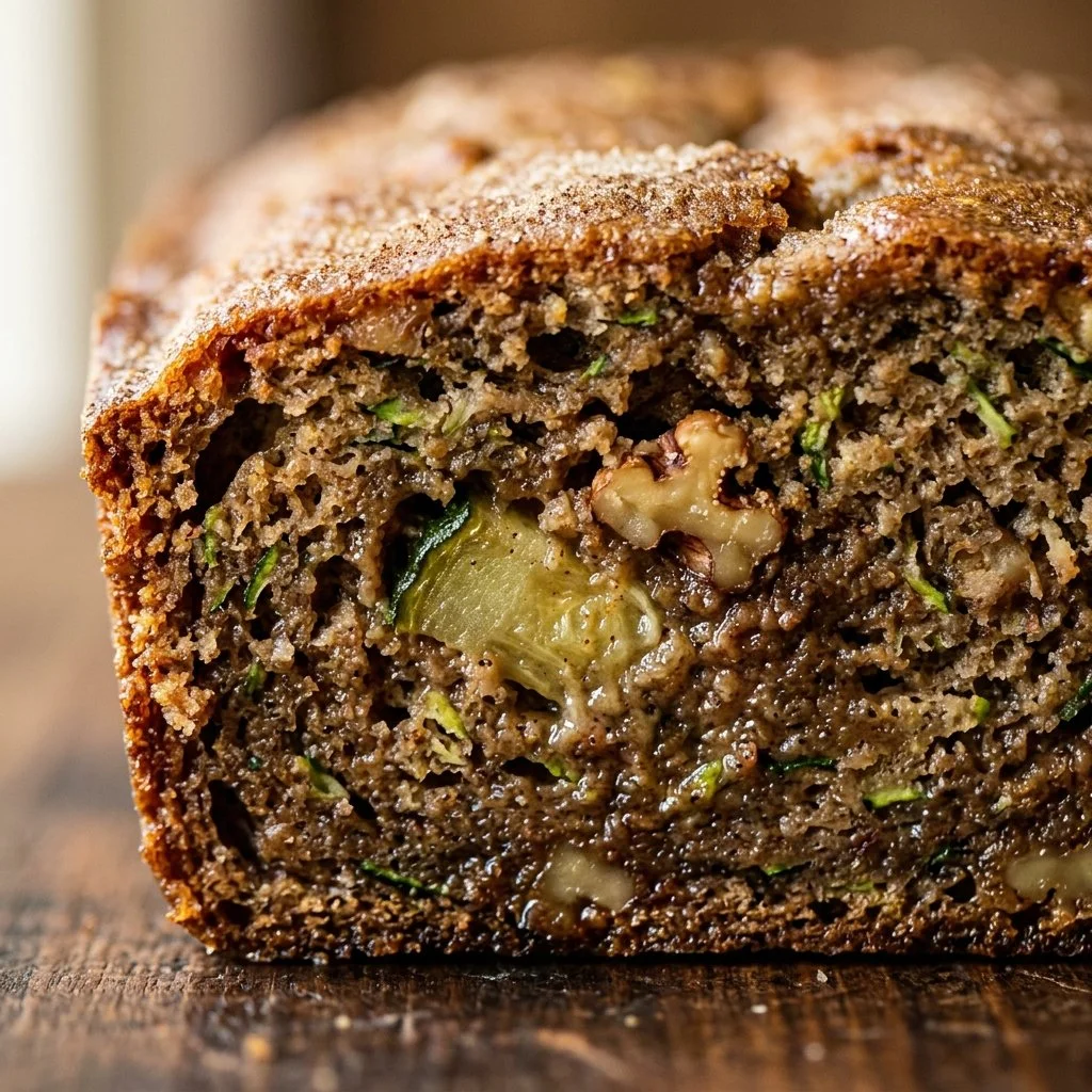 Slice of homemade zucchini bread on a wooden table