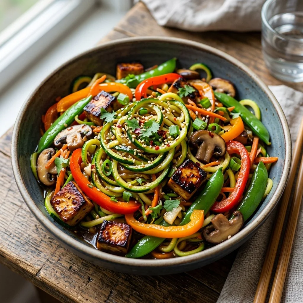 Colorful zucchini noodle stir fry with vegetables in a skillet