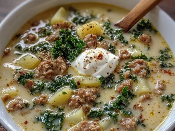 Delicious Zuppa Toscana soup with sausage, kale, and creamy broth served in a bowl.