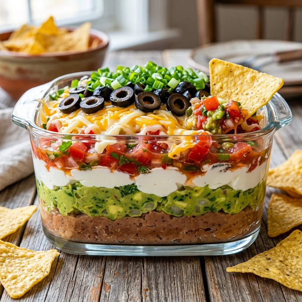 Bowl of colorful 7 layer dip served with tortilla chips.
