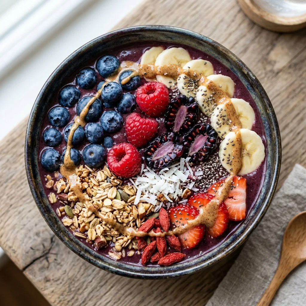 A vibrant acai bowl topped with fresh fruits and granola