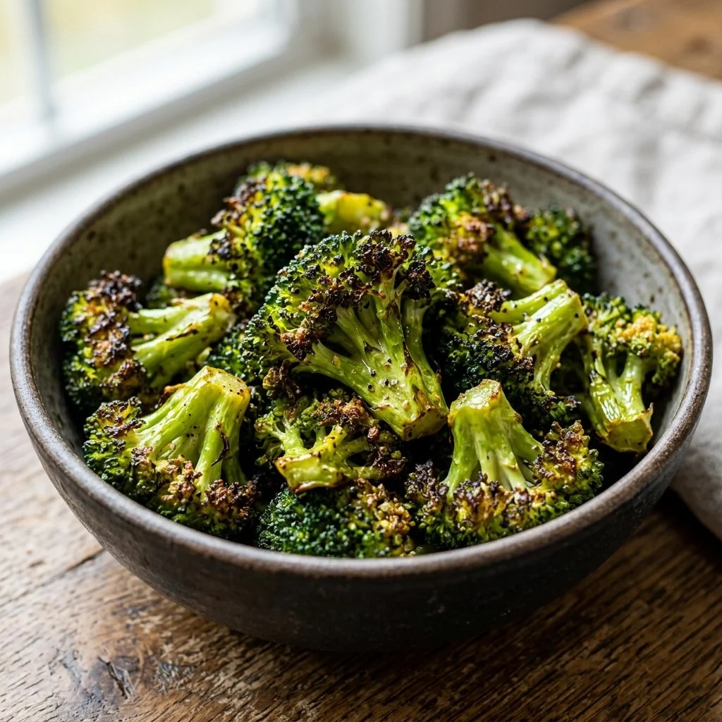 Crispy air fryer broccoli with seasoning served in a bowl