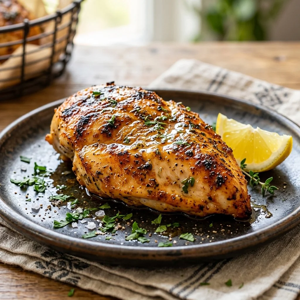 Juicy air fryer chicken breast plated with herbs and vegetables