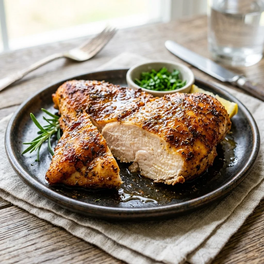 Delicious air fryer chicken breast served with vegetables on a plate