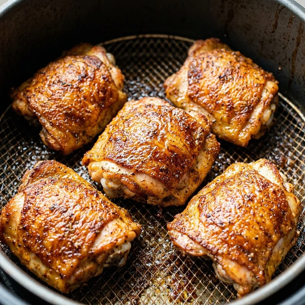Delicious air fryer chicken thighs cooked to perfection with crispy skin.