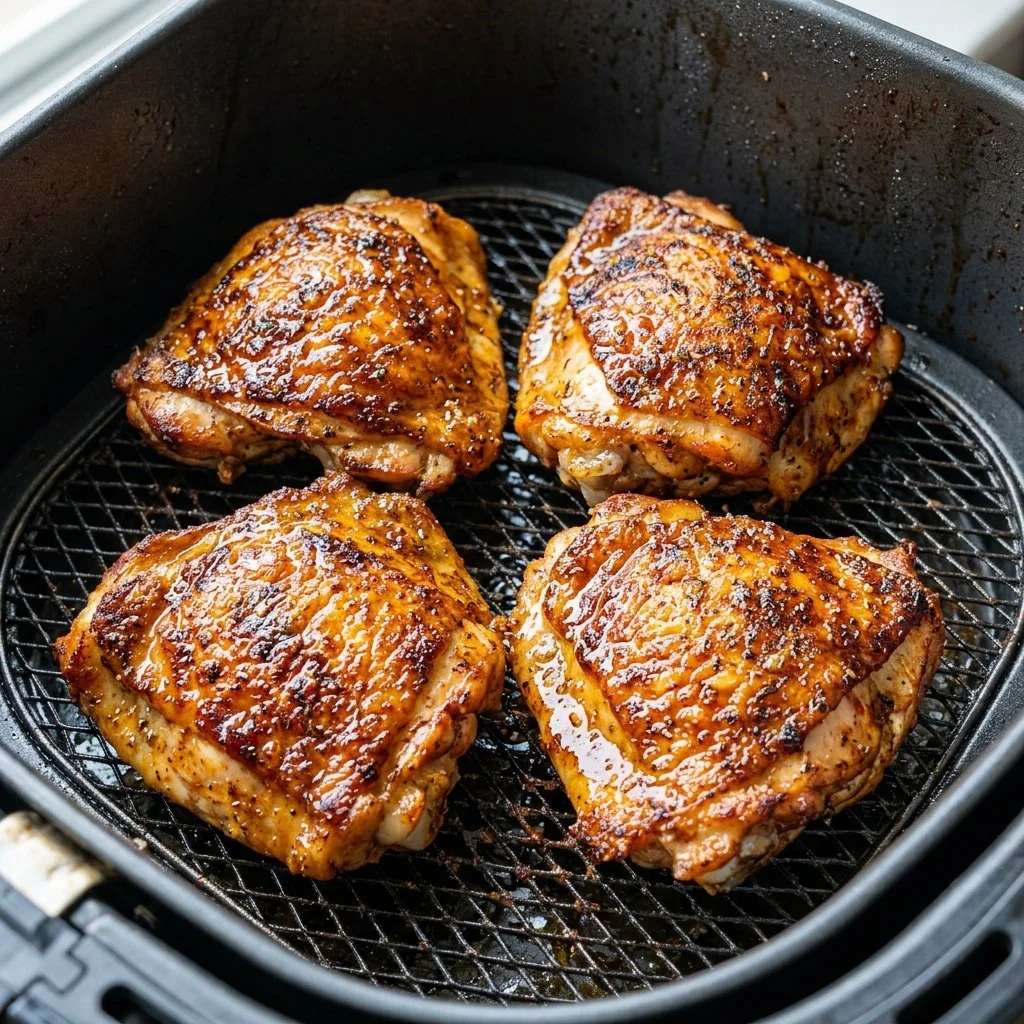Crispy air fryer chicken thighs served on a plate with garnish.