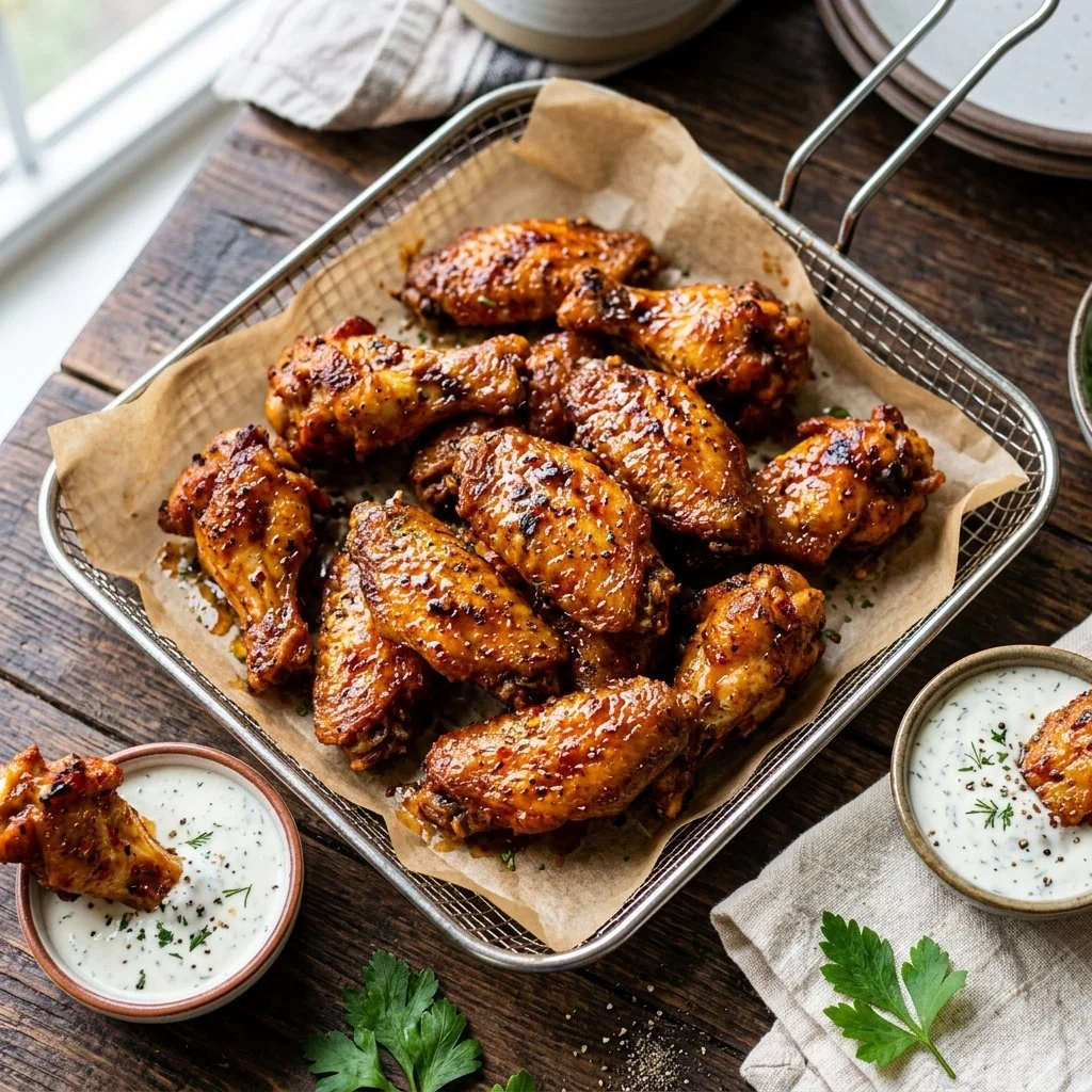 Crispy Air Fryer Chicken Wings served with dipping sauce
