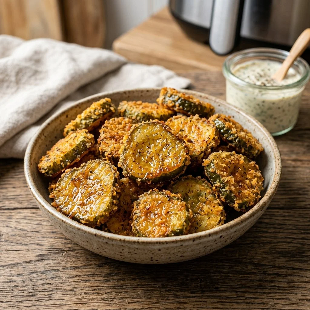 Crispy air fryer pickles served on a plate with dipping sauce