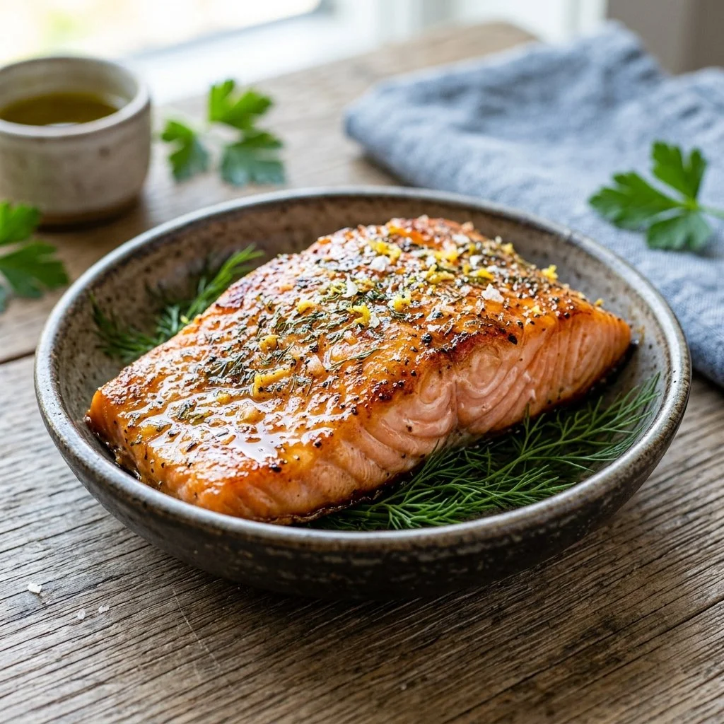 Deliciously cooked air fryer salmon served on a plate with herbs