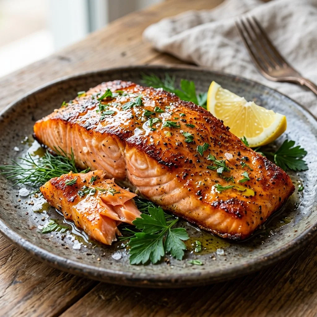 Cooked Air Fryer Salmon fillet with herbs and lemon on a plate