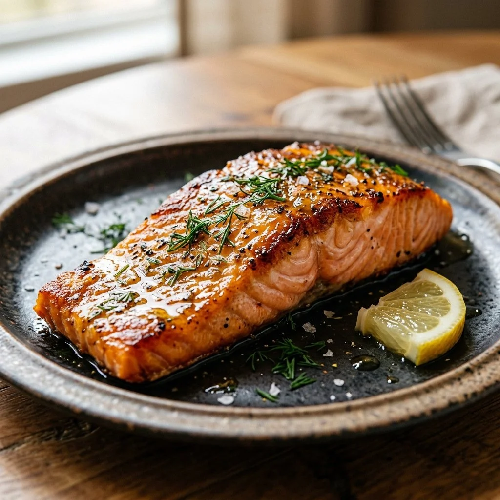 Plate of perfectly cooked air fryer salmon garnished with herbs