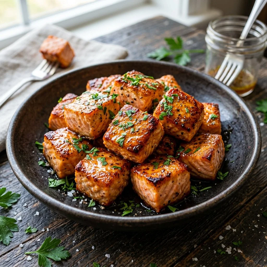 Crispy air fryer salmon bites served with dipping sauce