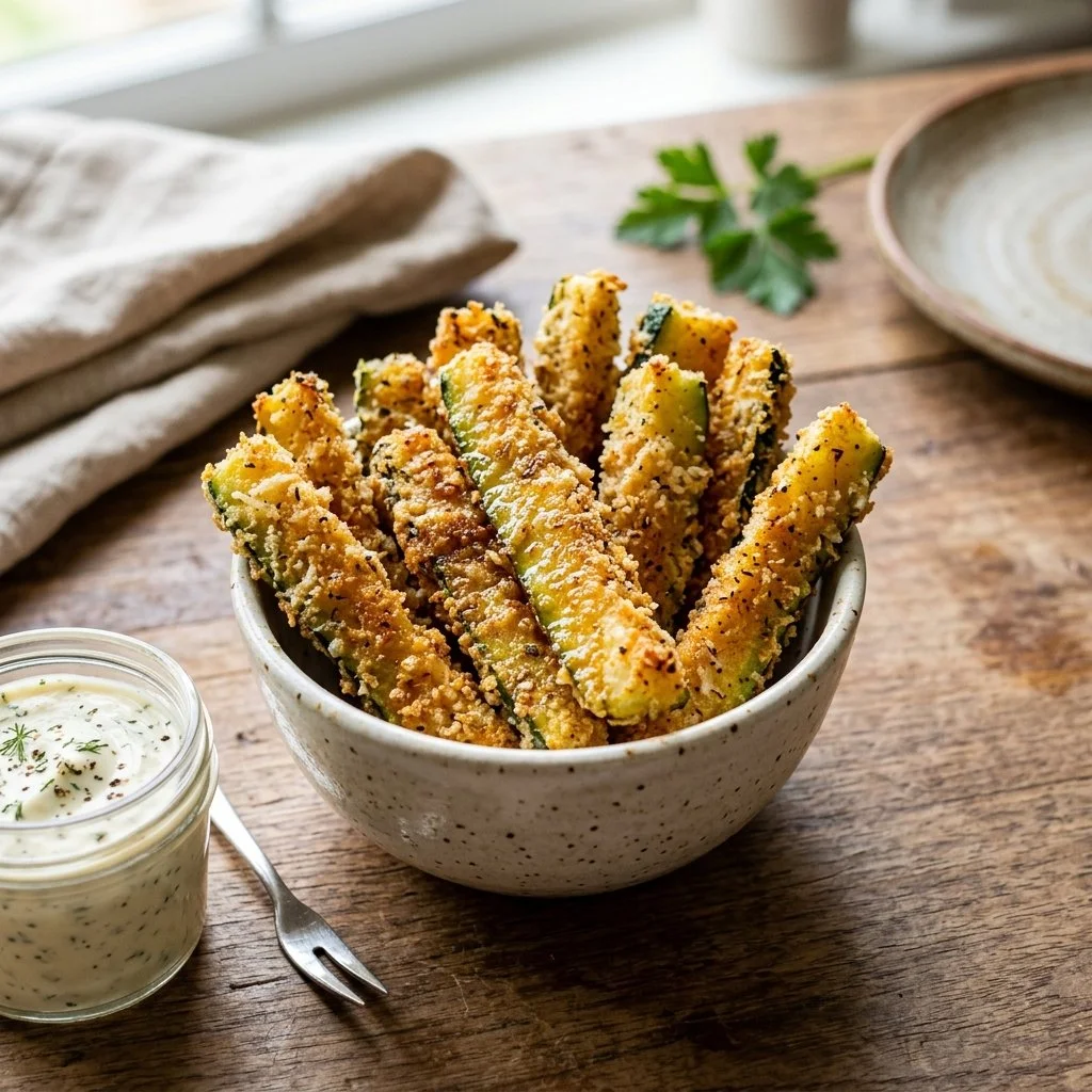 Plate of crispy air fryer zucchini fries served with dipping sauce