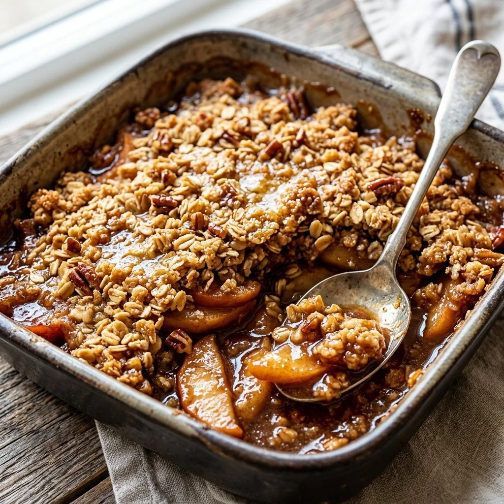 Delicious homemade apple crisp topped with crunchy oats and cinnamon