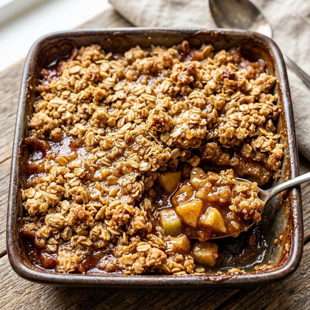Delicious homemade apple crisp served in a bowl with a scoop of vanilla ice cream.