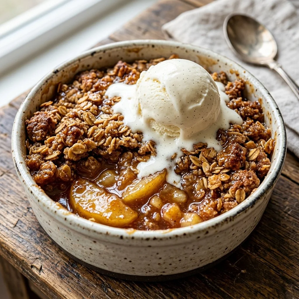 Homemade Apple Crisp with a golden brown topping and sliced apples