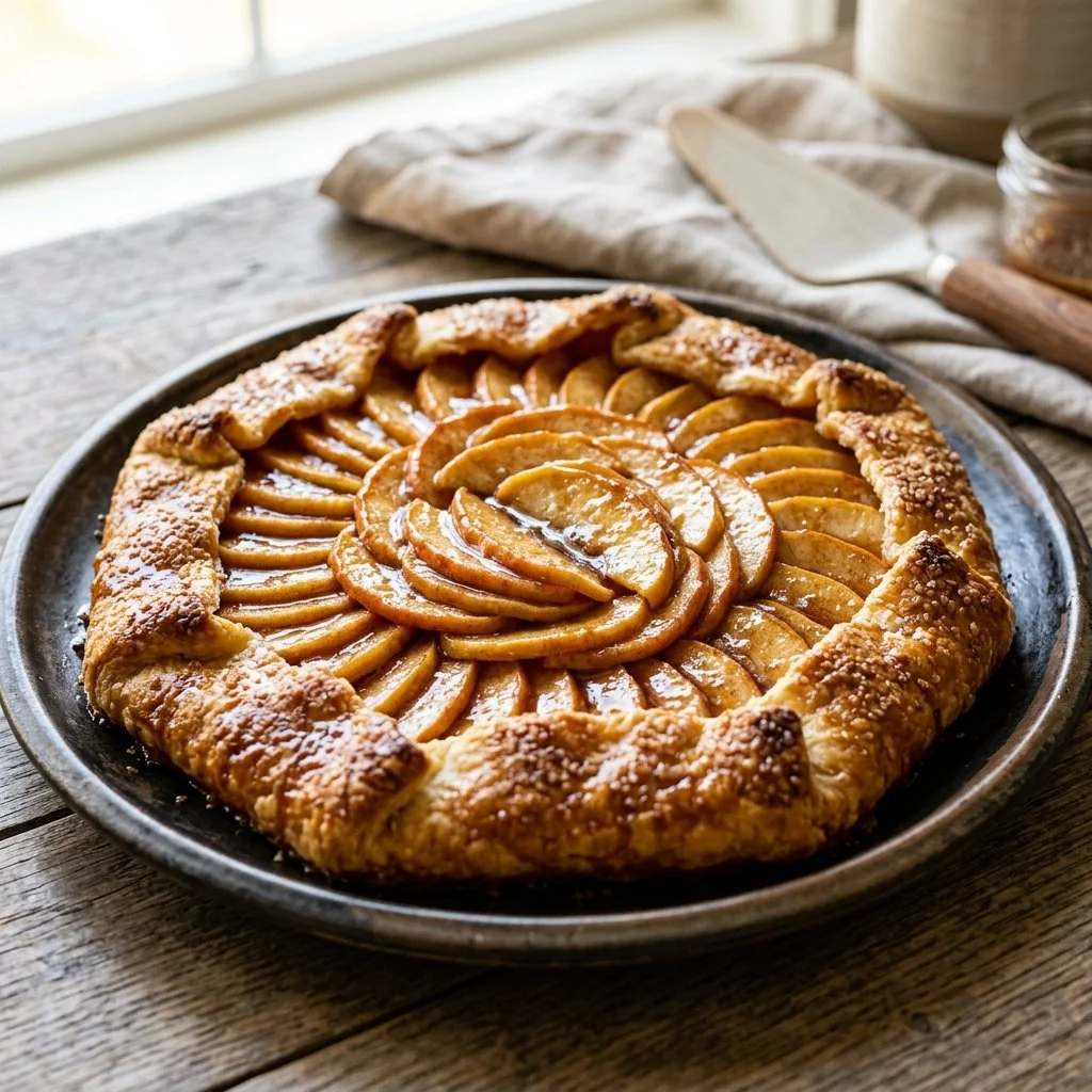 Delicious homemade Apple Galette on a rustic wooden table.