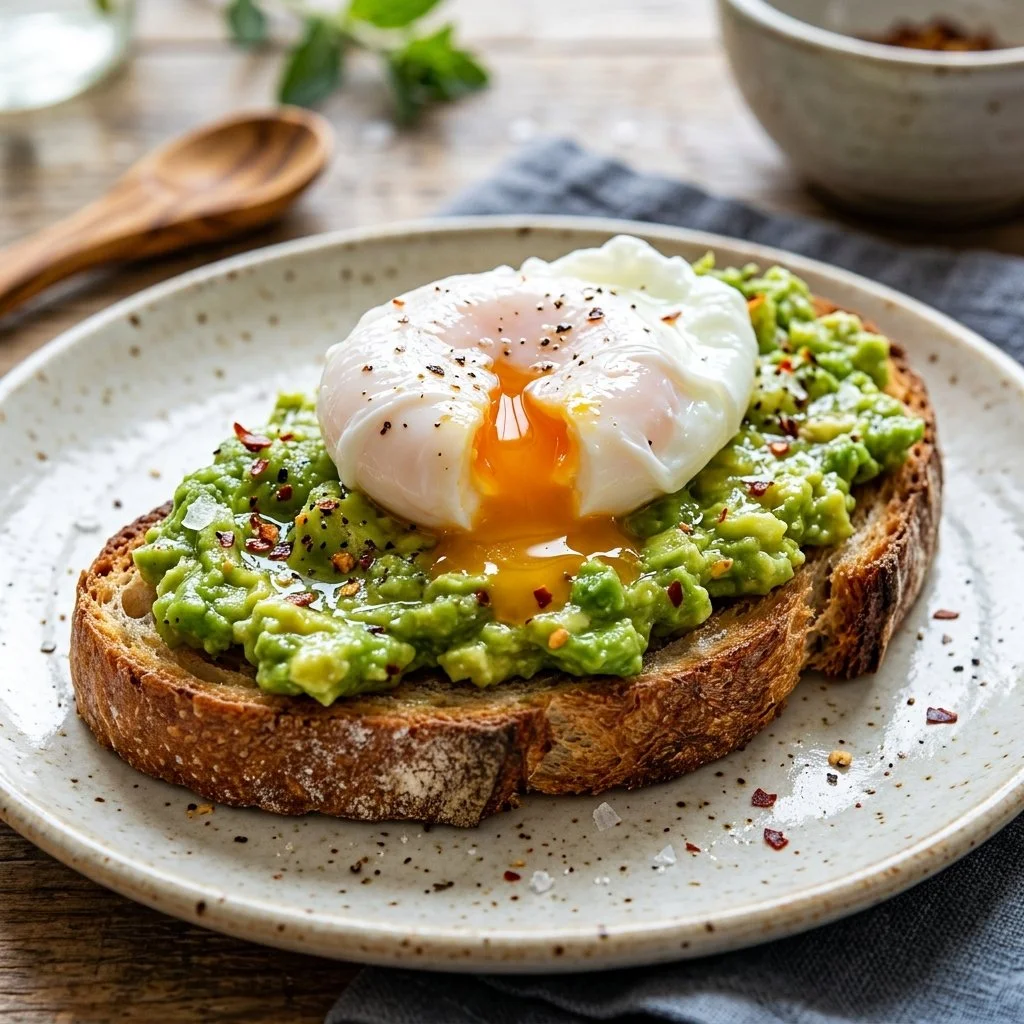 Delicious avocado toast topped with tomatoes and herbs on a wooden table