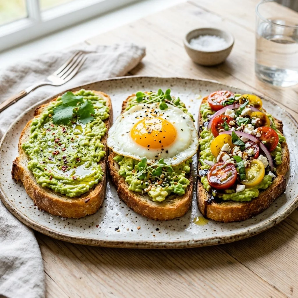 A variety of avocado toast with different toppings on a rustic wooden table.