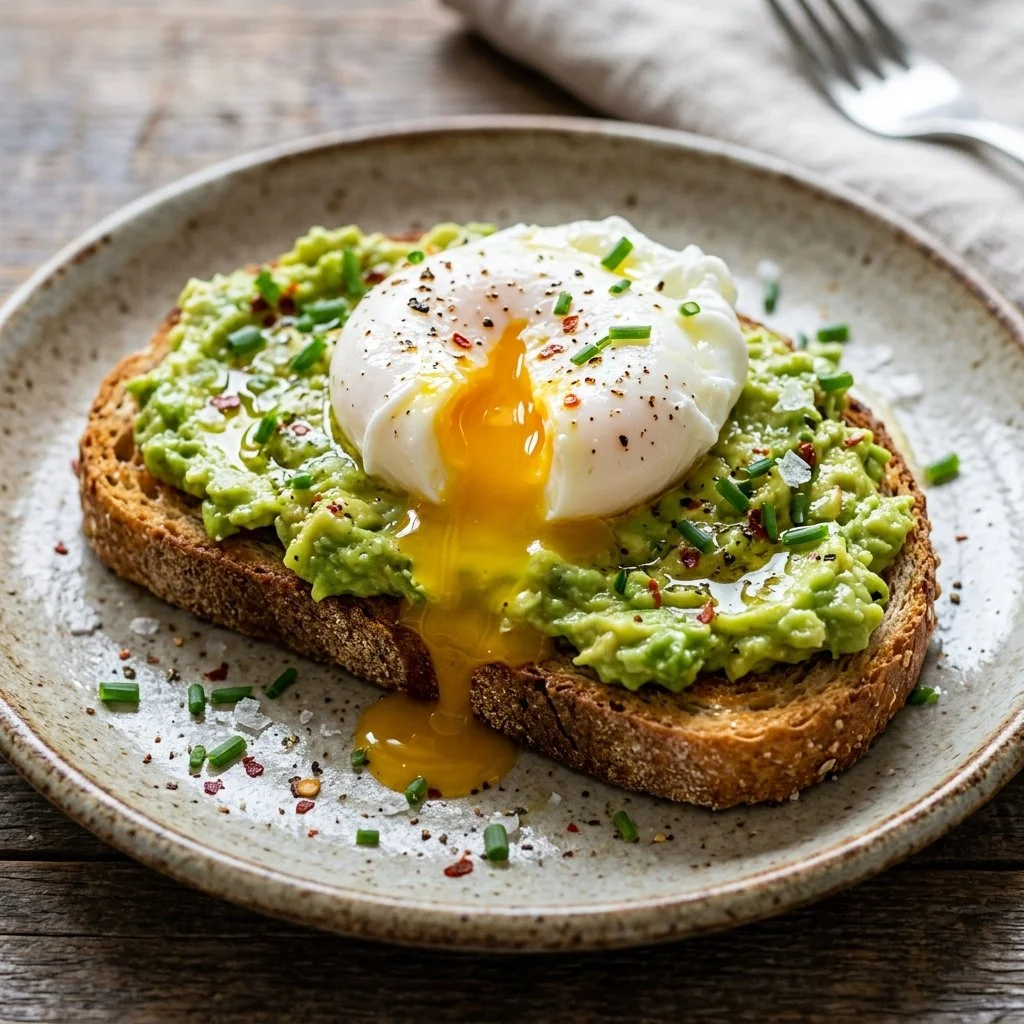 Avocado toast topped with a perfectly cooked egg, showcasing a healthy breakfast option.