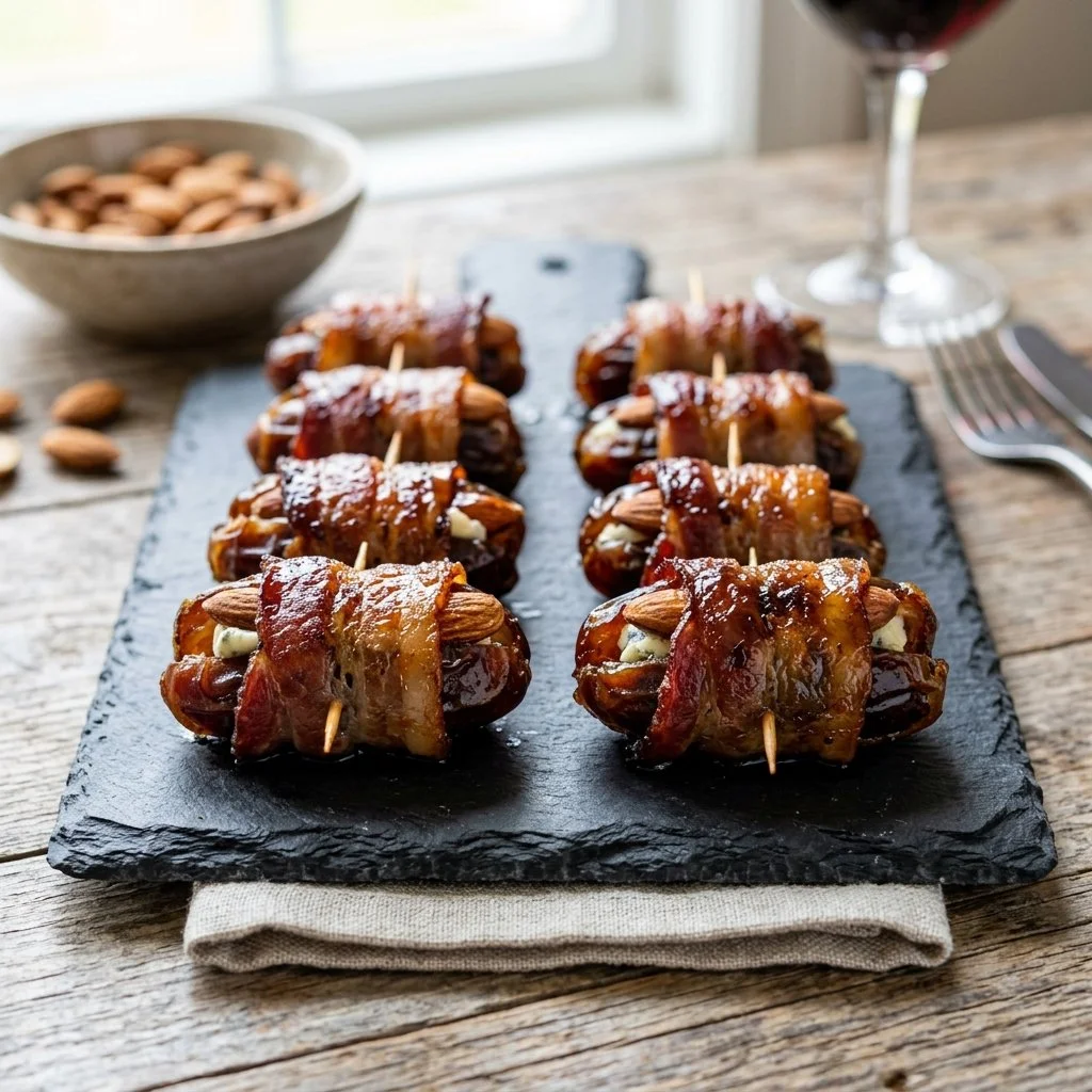 Plate of delicious bacon wrapped dates as an appetizer