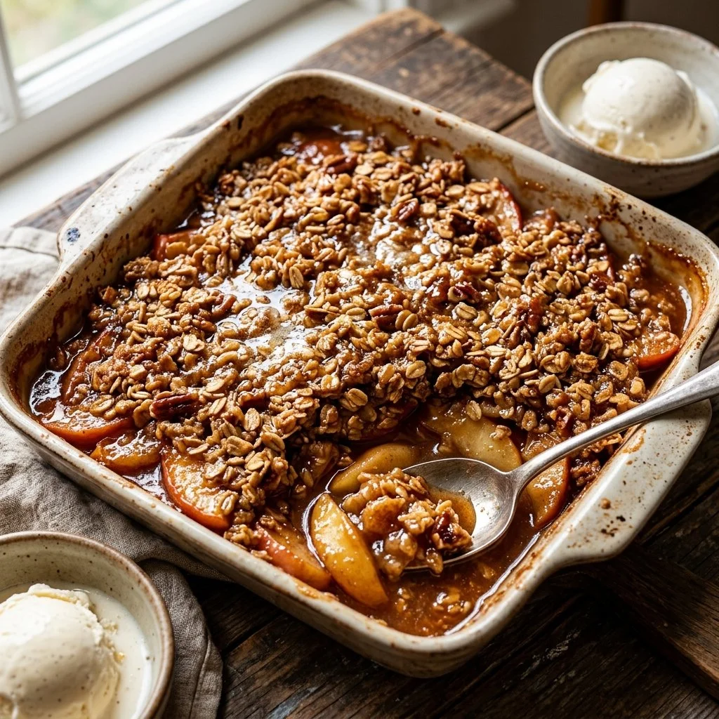 Delicious baked apple crisp topped with a crunchy oatmeal and brown sugar mixture.