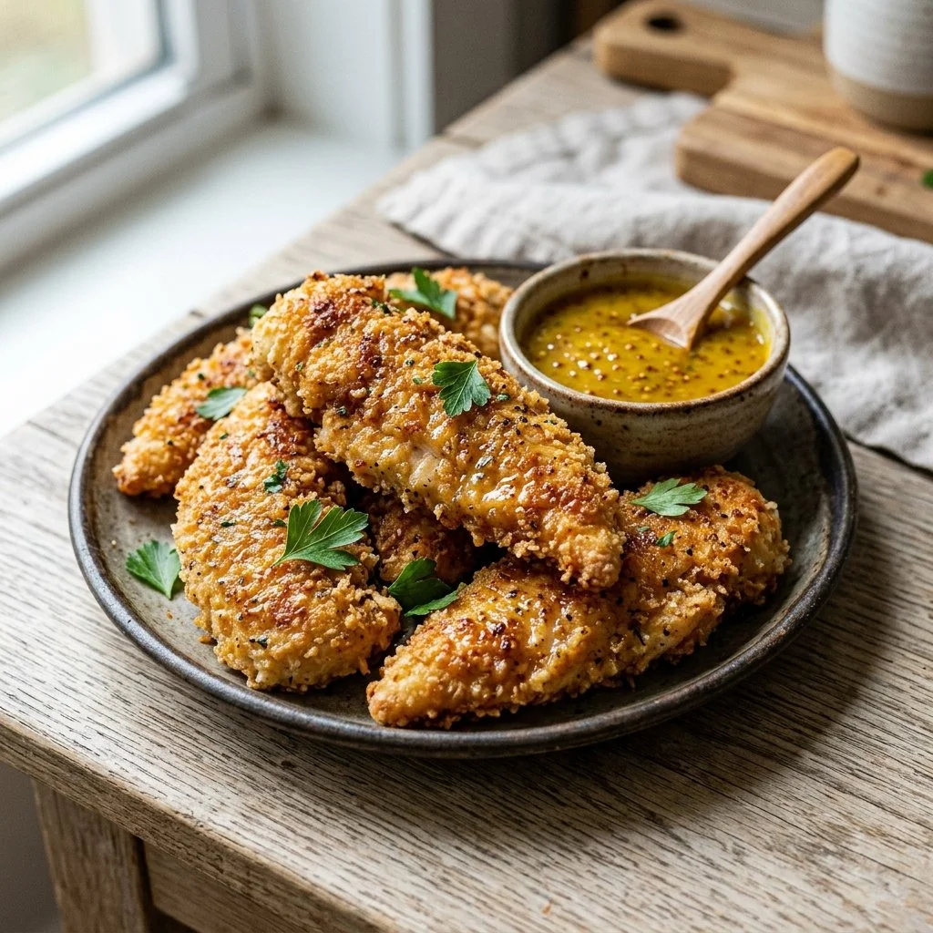Golden baked chicken tenders on a plate with dipping sauce