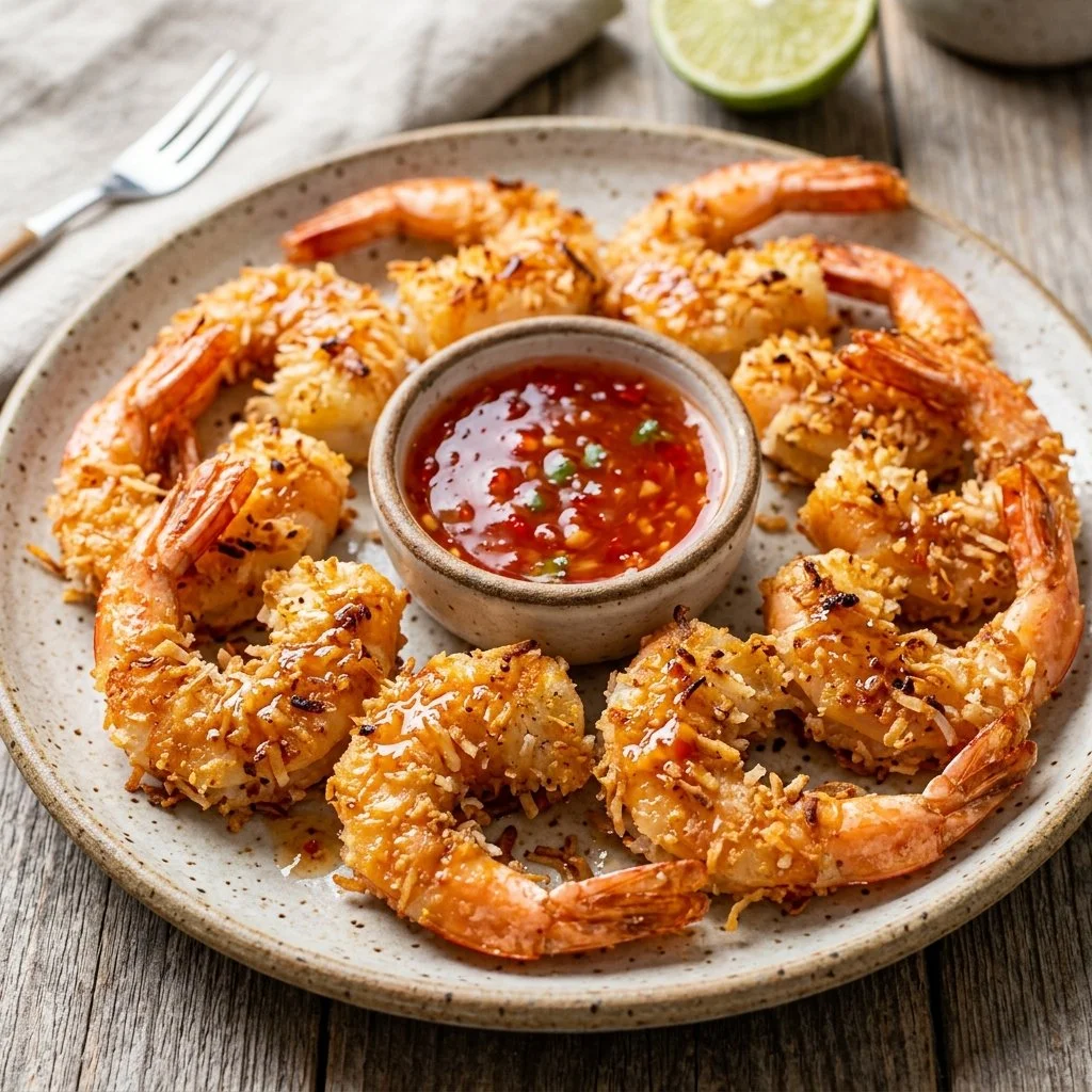 Baked coconut shrimp served on a plate with a tangy dipping sauce